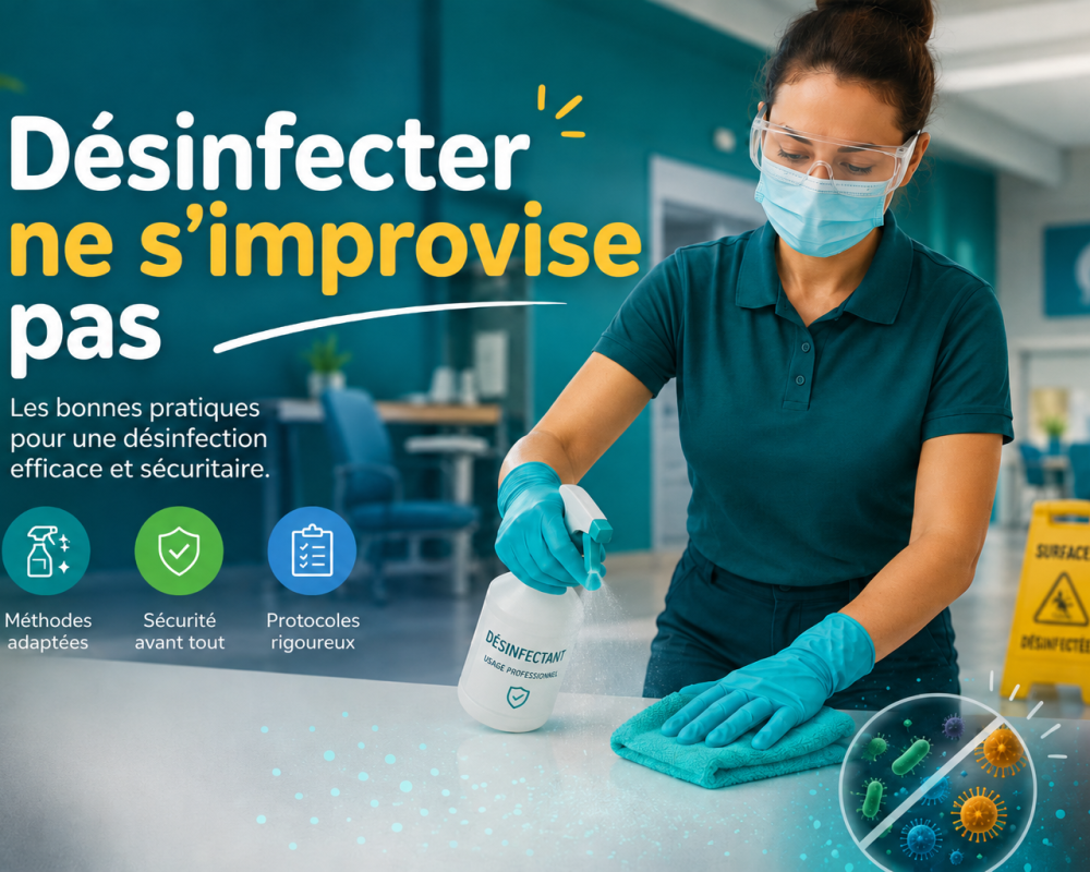 Illustration principale d’un article consacré à la désinfection professionnelle, mettant en avant les gestes essentiels pour une désinfection efficace : nettoyage préalable, choix du bon spectre, dilution adaptée, temps de contact et protocole sécurisé.